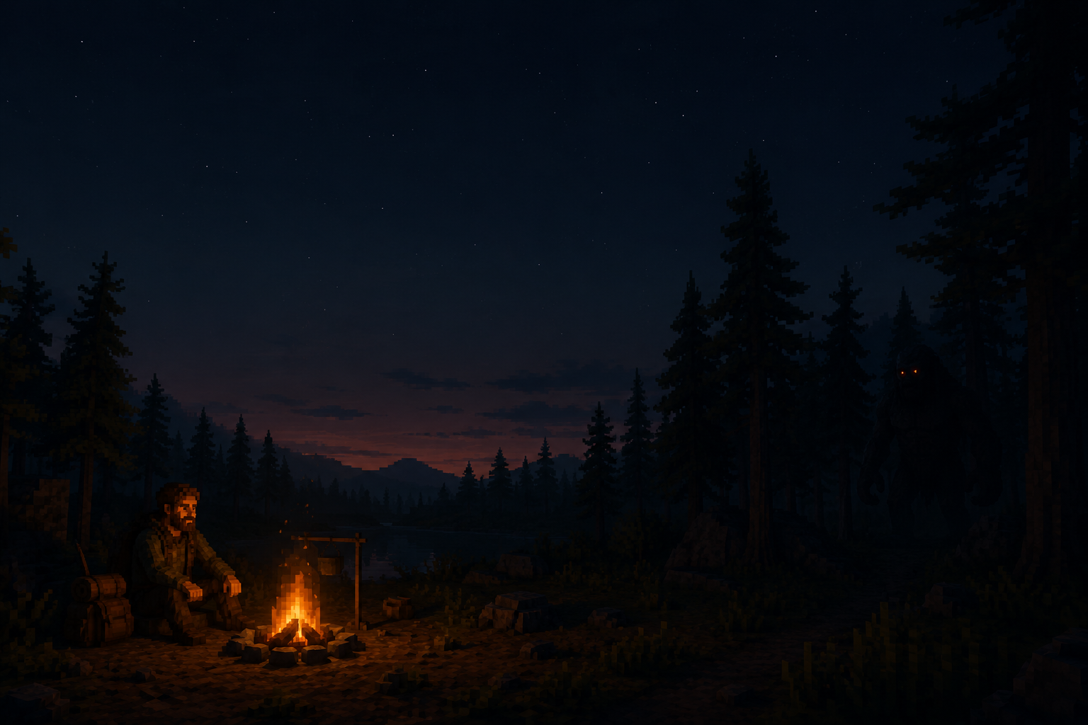 Cinematic campfire scene in a dark forest