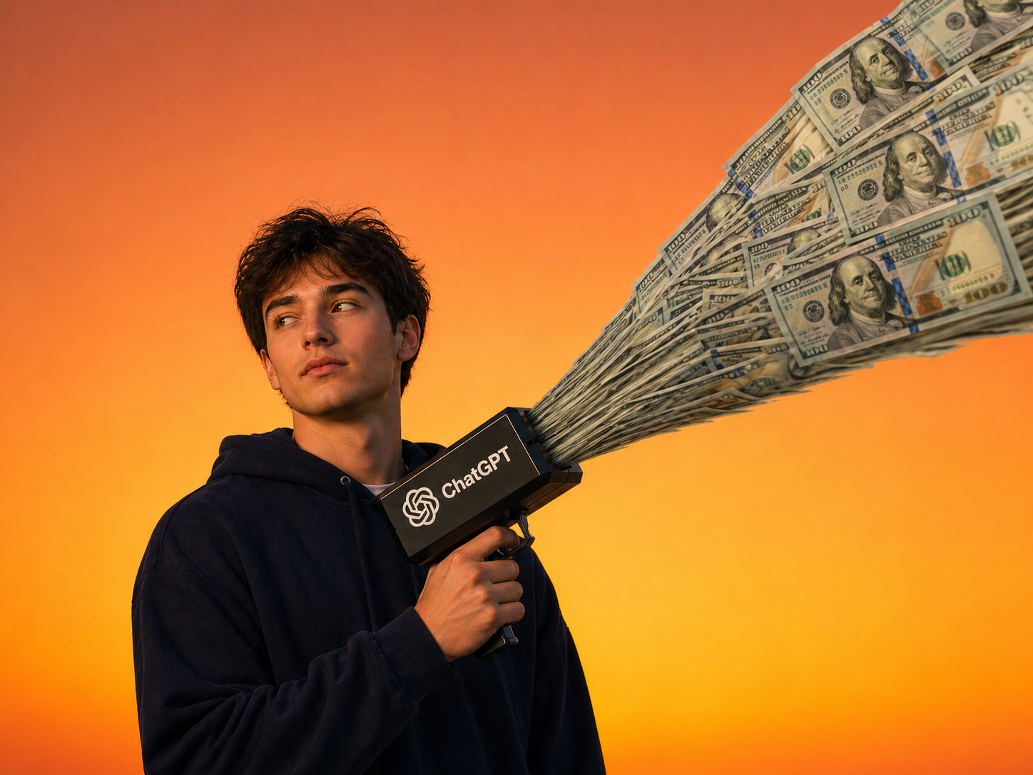 Abstract stream of money and data representing AI income hype